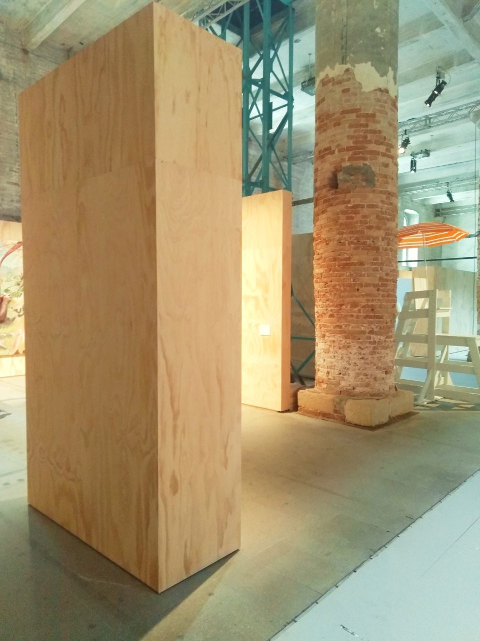 Installation view, locally sourced plywood sheets,metal screws (designed by Delvendahl Martin architects), 2019, NFS