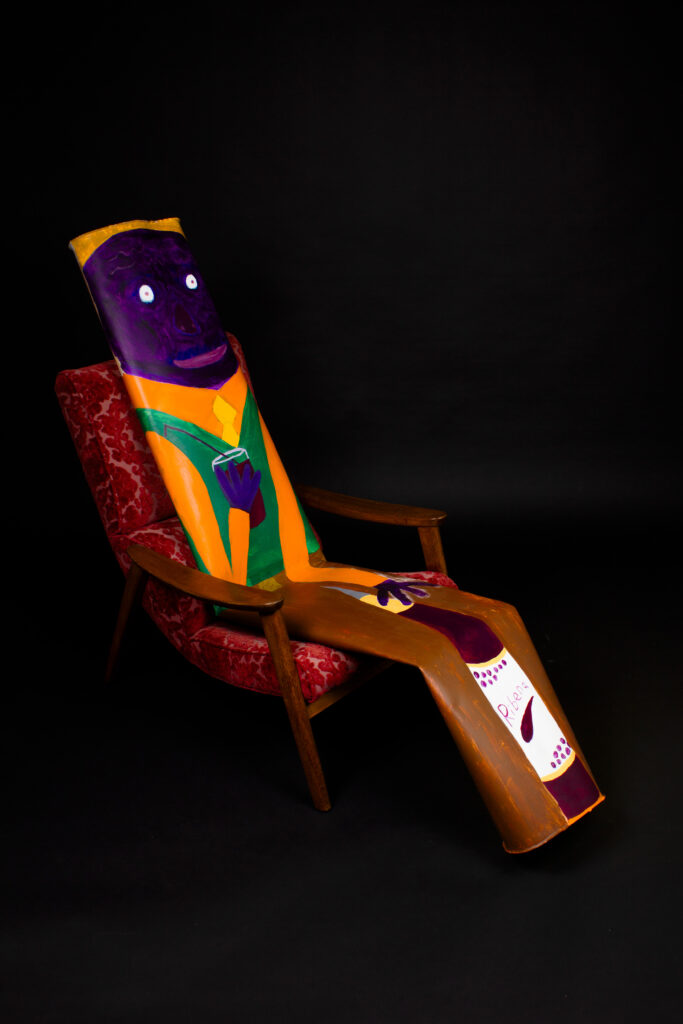 Sitting here in all my grand delusions, acrylic on found aluminium aircon duct, vintage chair, h 1400 x w 650 x d 1000 mm, 2025 POA